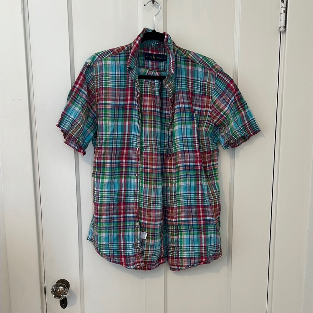 Ralph Lauren Red and Green Casual Button Down Shirt Vintage Linen